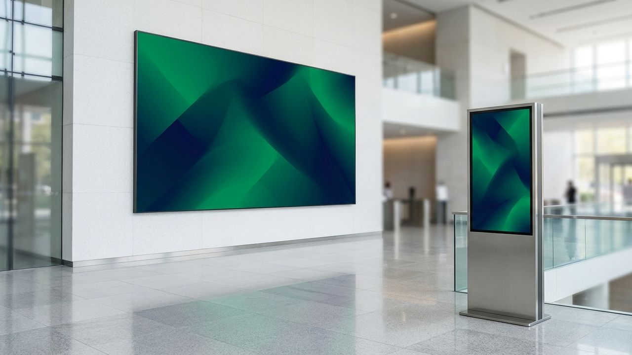 Large-format digital signage video wall in a modern commercial interior.
