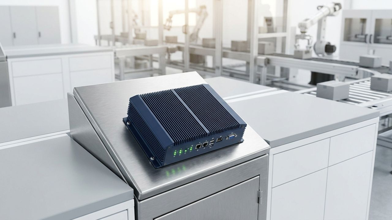 Rugged industrial panel PC mounted on a factory production line.