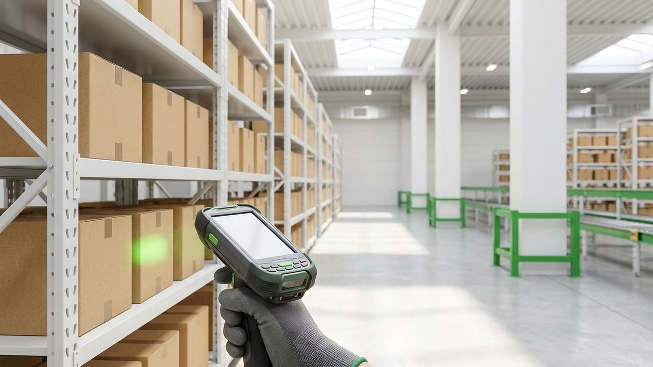 High-bay warehouse racking with conveyor lines and scanned pallet inventory.
