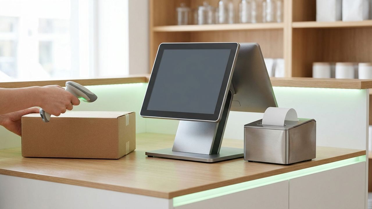 Modern retail checkout counter with point-of-sale terminal and barcode scanner.